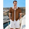 COOFANDY Men’s Knit Short Sleeve Shirts Button Down Vintage Knitted Polo Shirt Casual Beach Crochet Cable Vacation Shirt(White-light Brown)