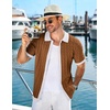 COOFANDY Men’s Knit Short Sleeve Shirts Button Down Vintage Knitted Polo Shirt Casual Beach Crochet Cable Vacation Shirt(White-light Brown)