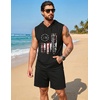 COOFANDY Mens Sleeveless Workout Hoodie Shorts Set 2 Piece Outfits Hooded Tank Tops Gym Tracksuit Sweatsuits(Black Flag Printed)