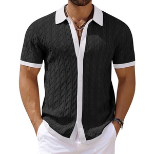 COOFANDY Men’s Knit Short Sleeve Shirts Button Down Vintage Knitted Polo Shirt Casual Beach Crochet Cable Vacation Shirt(White-black)
