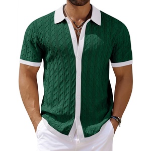 COOFANDY Men’s Knit Short Sleeve Shirts Button Down Vintage Knitted Polo Shirt Casual Beach Crochet Cable Vacation Shirt(White-green)