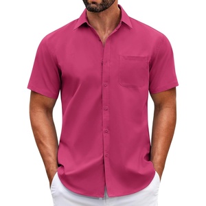 COOFANDY Mens Short Sleeve Casual Button Down Shirts Summer Untucked Dress Shirts with Pocket(Rose Red)