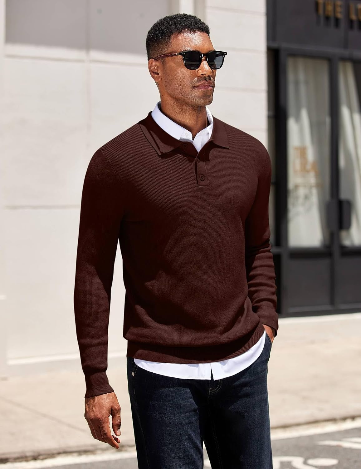 image:imageCOOFANDY Mens Knit Polo Sweater Long Sleeve Polo Sweaters Casual Knitted Button Collar Pullover SweaterBrown