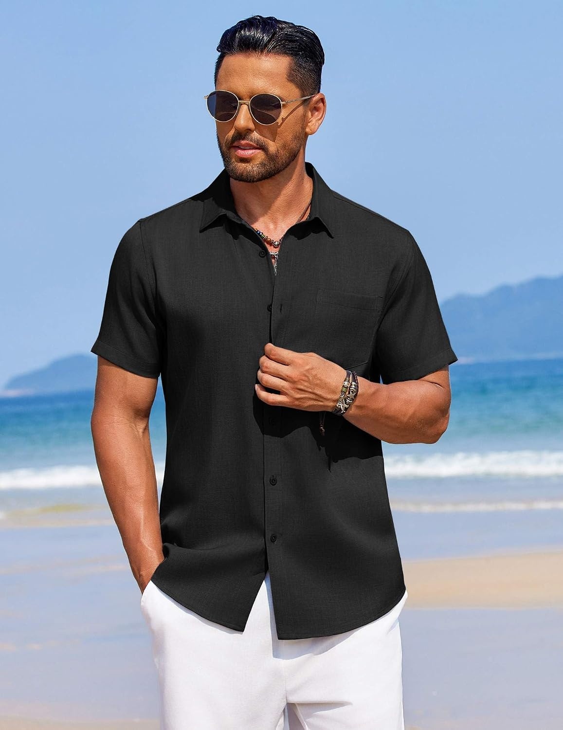 image:imageCOOFANDY Mens Linen Shirt Summer Beach Vacation Shirts Casual Button Down Short Sleeve Top Resort Wear for Men Black