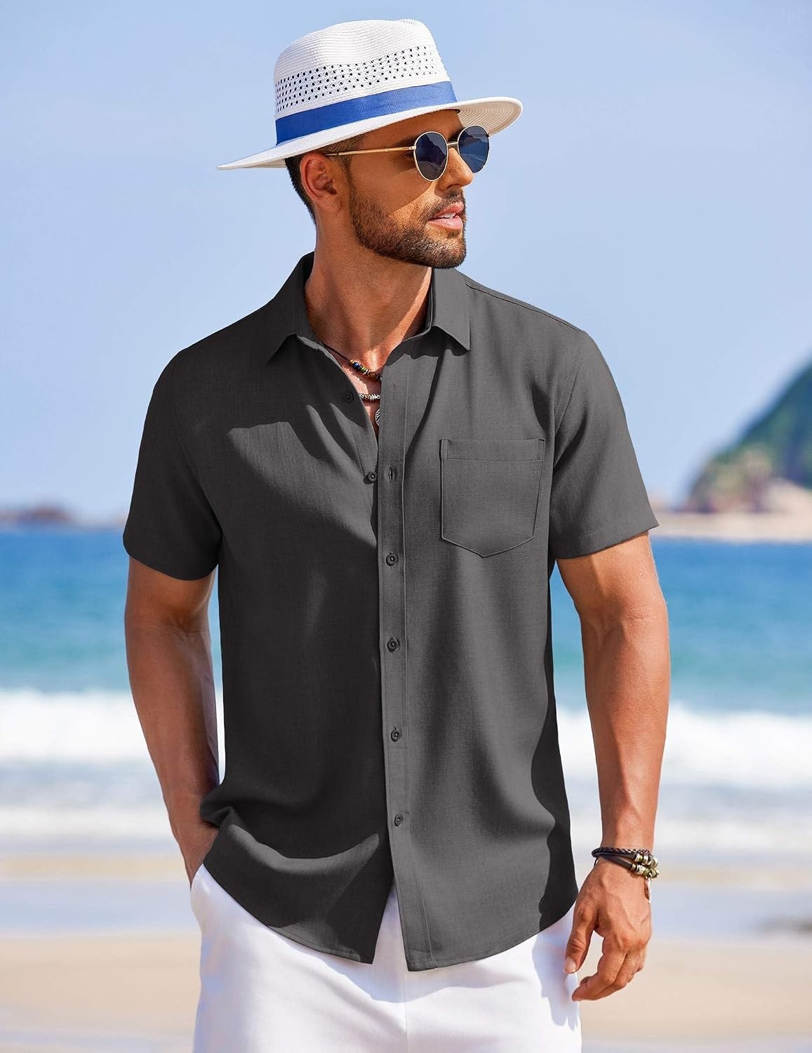 image:imageCOOFANDY Mens Linen Shirt Summer Beach Vacation Shirts Casual Button Down Short Sleeve Top Resort Wear for Men Dark Grey