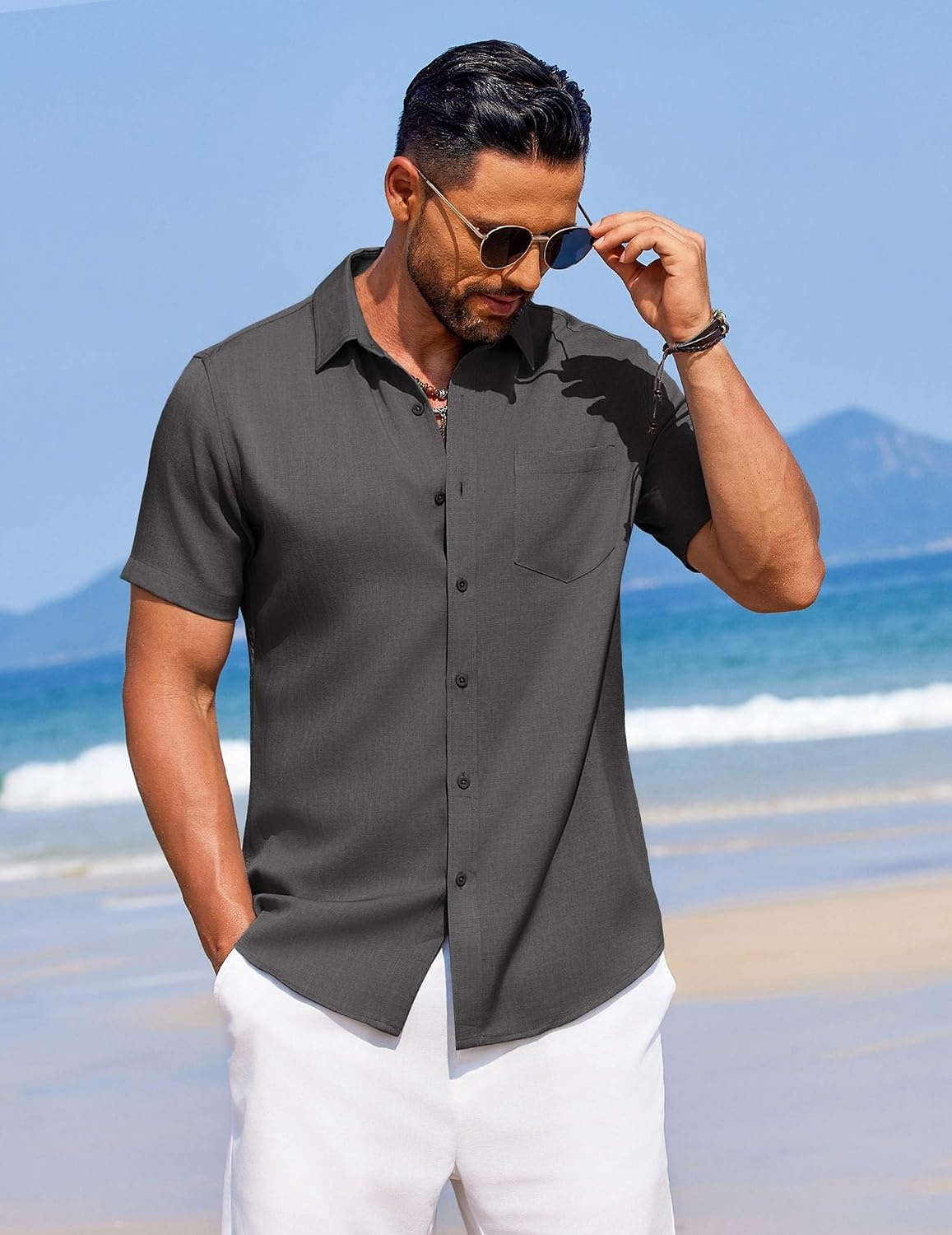 image:imageCOOFANDY Mens Linen Shirt Summer Beach Vacation Shirts Casual Button Down Short Sleeve Top Resort Wear for Men Dark Grey