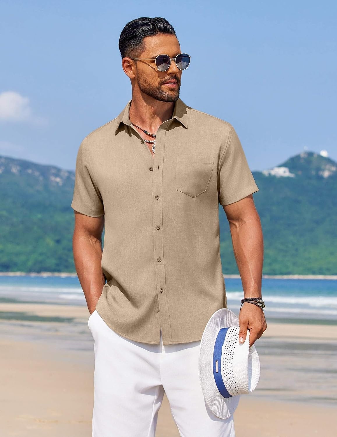 image:imageCOOFANDY Mens Linen Shirt Summer Beach Vacation Shirts Casual Button Down Short Sleeve Top Resort Wear for Men Khaki