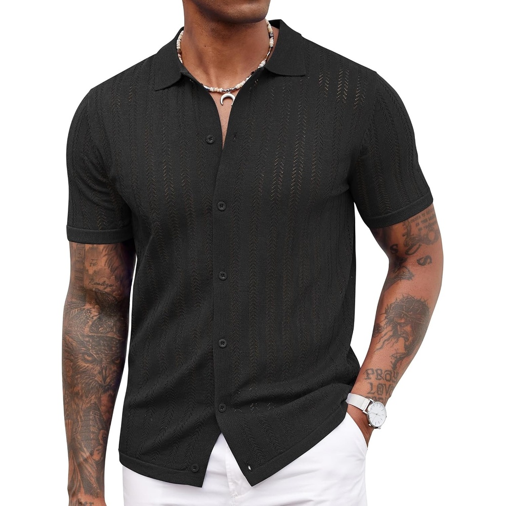 image:imageCOOFANDY Mens Knit Shirts Short Sleeve Button Down Polo Shirt Crochet Casual Vintage Summer Beach Shirts