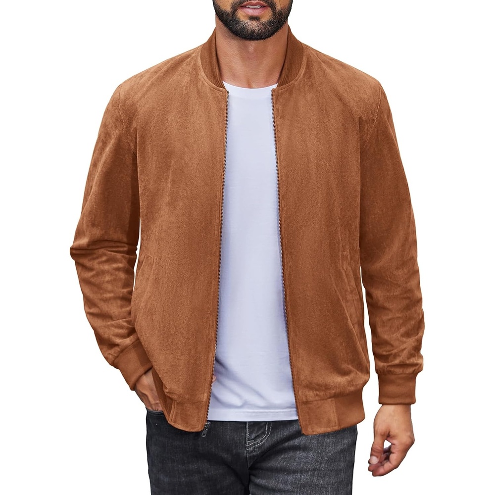 image:imageCOOFANDY Mens Lightweight Suede Bomber Jackets Casual Varsity Jacket Vintage Faux Leather JacketsBrown