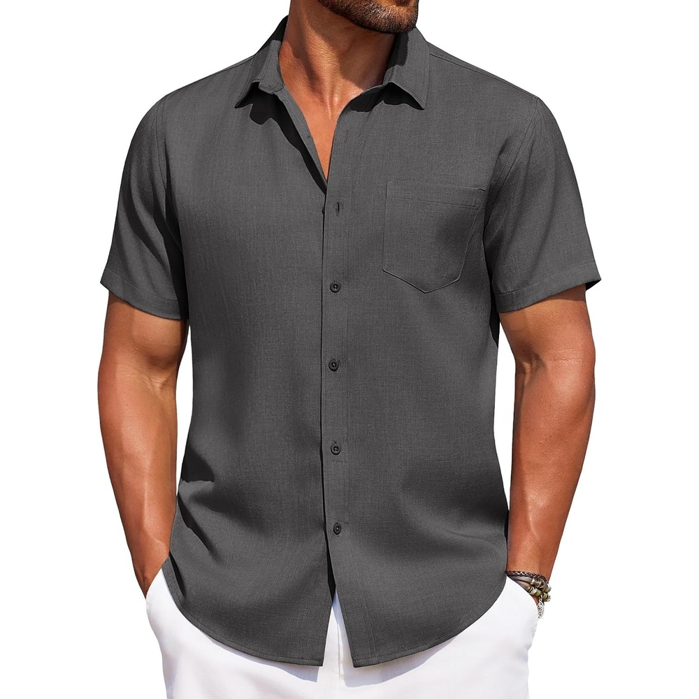 image:imageCOOFANDY Mens Linen Shirt Summer Beach Vacation Shirts Casual Button Down Short Sleeve Top Resort Wear for Men Dark Grey