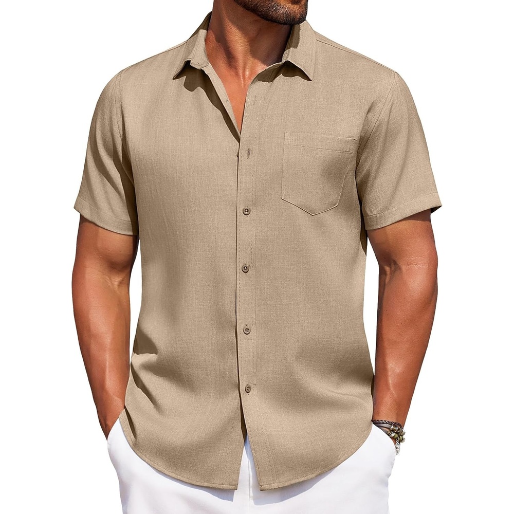 image:imageCOOFANDY Mens Linen Shirt Summer Beach Vacation Shirts Casual Button Down Short Sleeve Top Resort Wear for Men Khaki