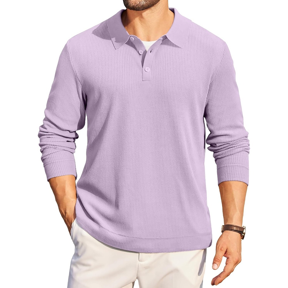 image:imageCOOFANDY Mens Long Sleeve Polo Knit Polo Sweater Collared Pullover Casual Golf Polo SweaterLight Purple