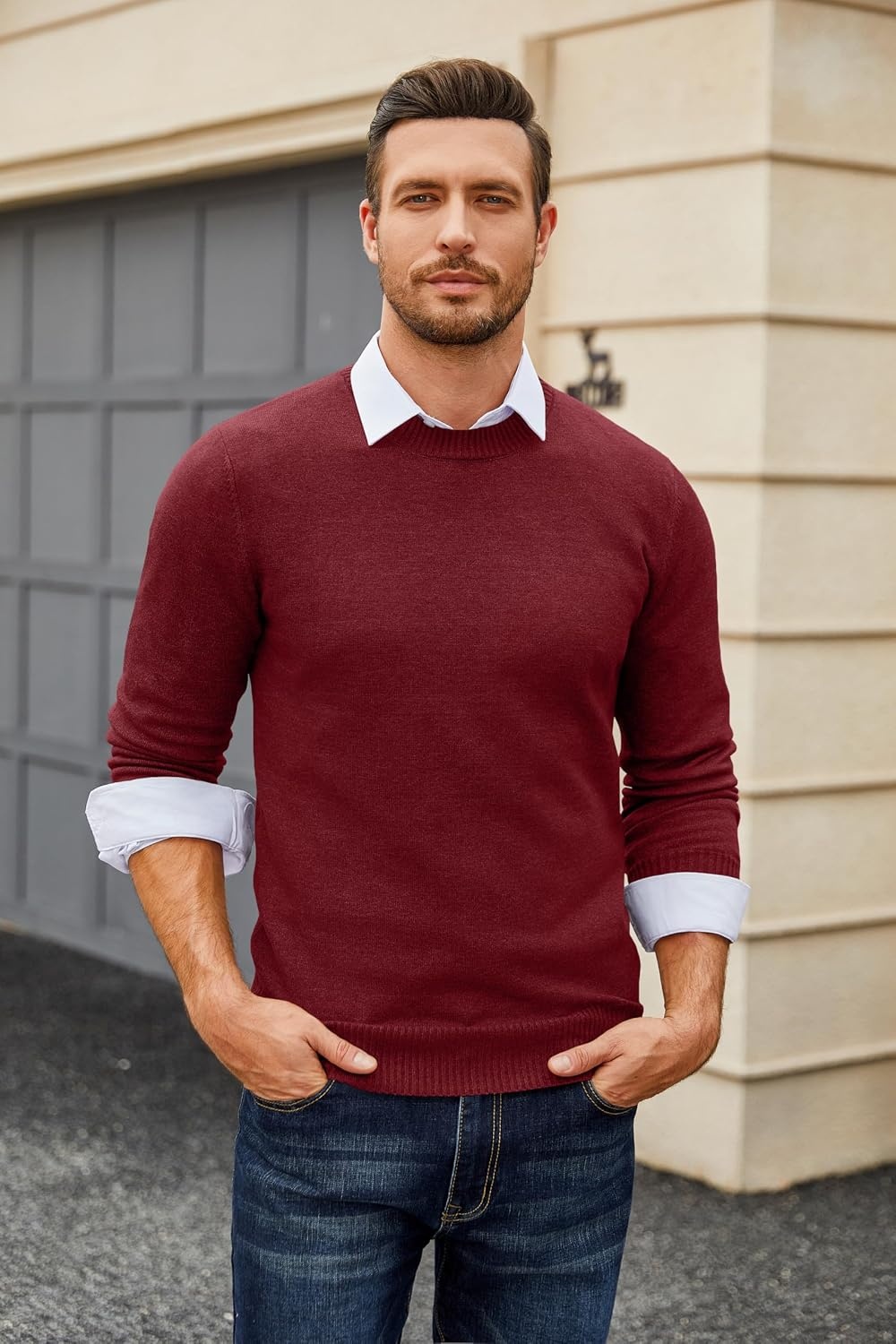 image:imageCOOFANDY Mens Dress Crew Neck Sweater Lightweight Sweatshirts Knitted Pullover Casual Fashion Long Sleeve SweaterWine Red