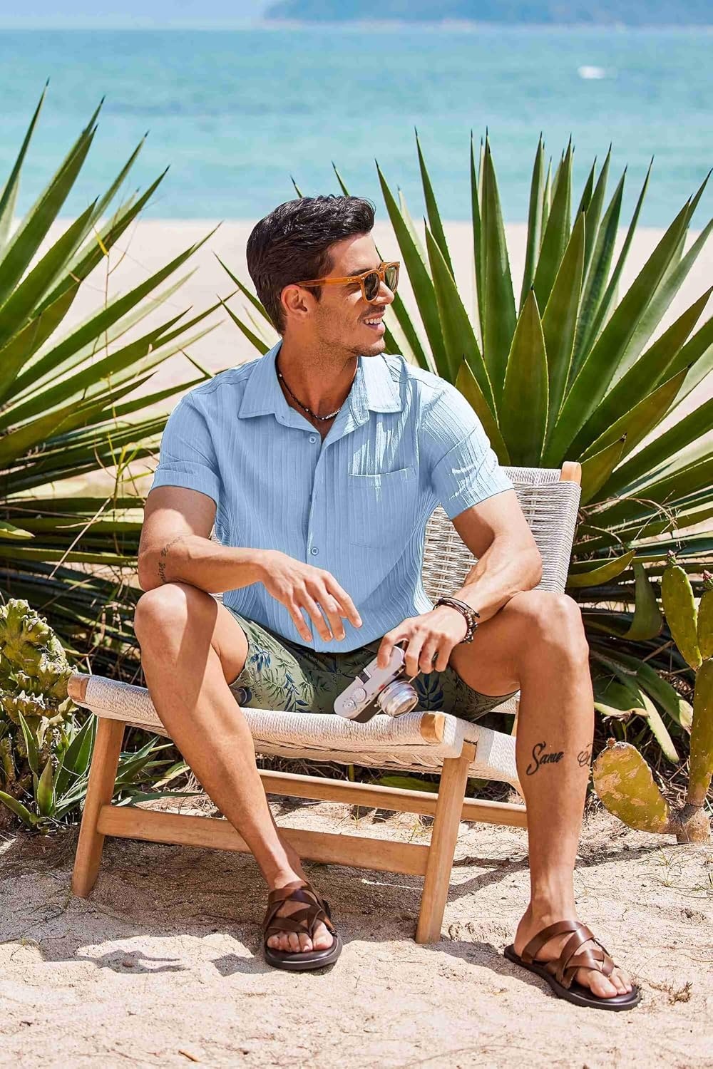 image:imageCOOFANDY Mens Summer Hawaiian Shirts Short Sleeve Casual Button Up Beach Wedding Shirt Clear Blue
