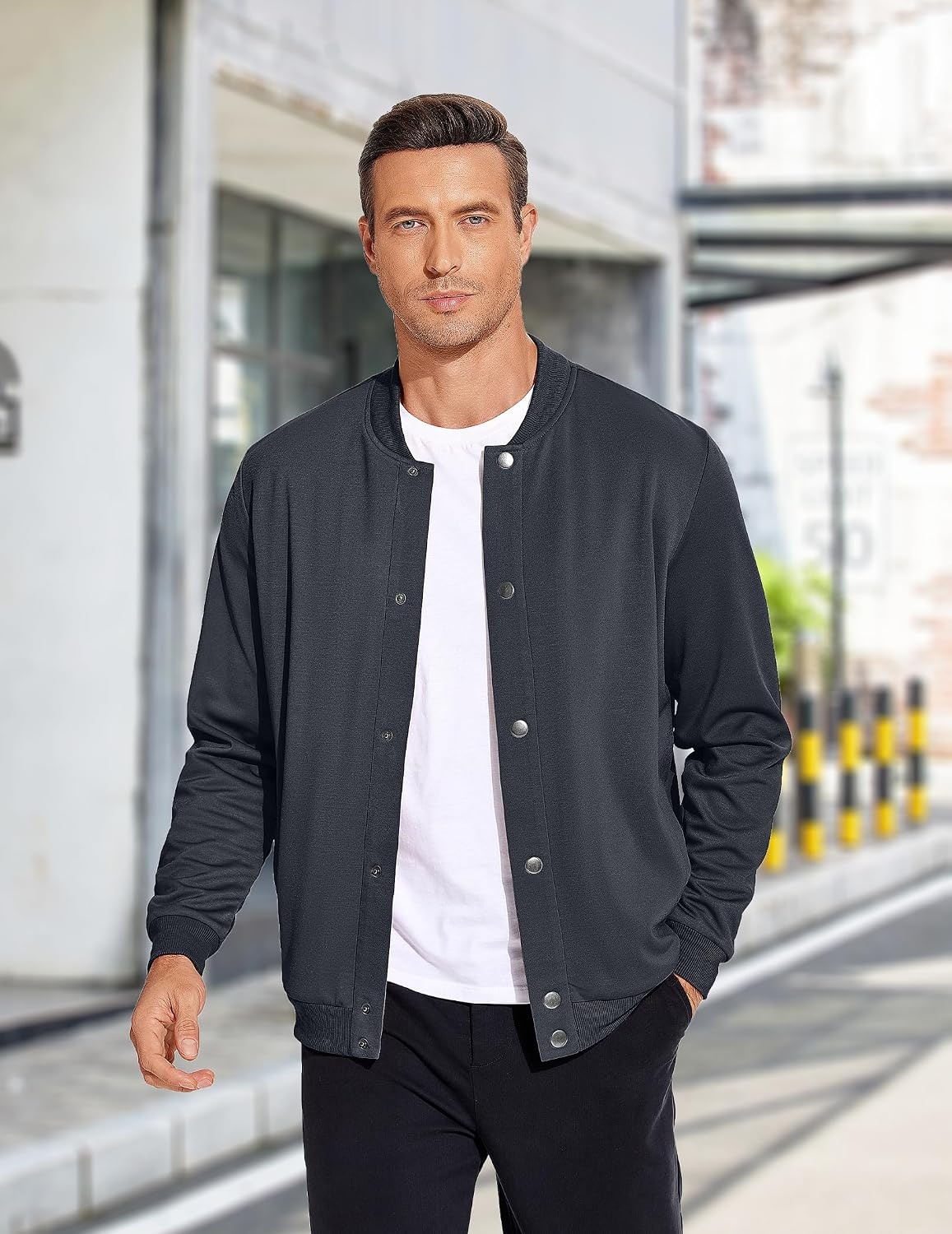 image:imageCOOFANDY Mens Casual Lightweight Jacket Baseball Letterman Snap Button JacketDark Blue