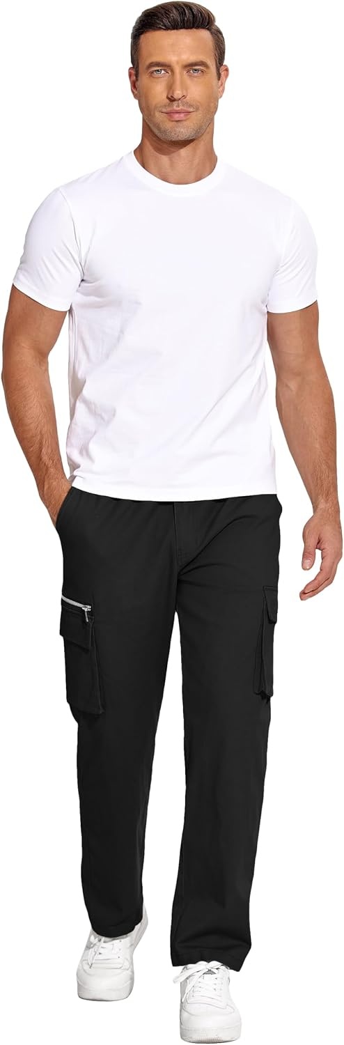 image:imageCOOFANDY Mens Cotton Cargo Pants Relaxed Fit Elastic Waist Casual Pants Stretch Work Cargo Pant with Pockets