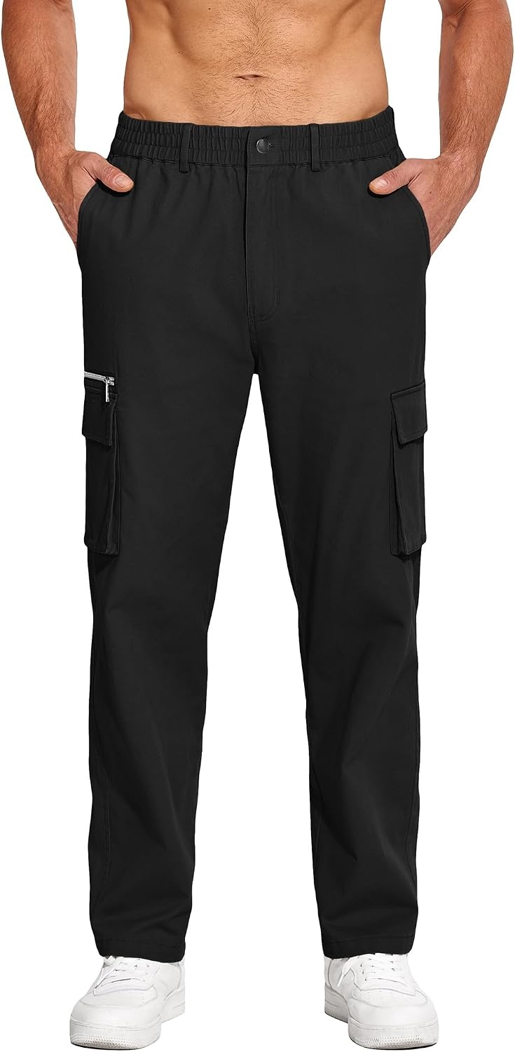 image:imageCOOFANDY Mens Cotton Cargo Pants Relaxed Fit Elastic Waist Casual Pants Stretch Work Cargo Pant with Pockets