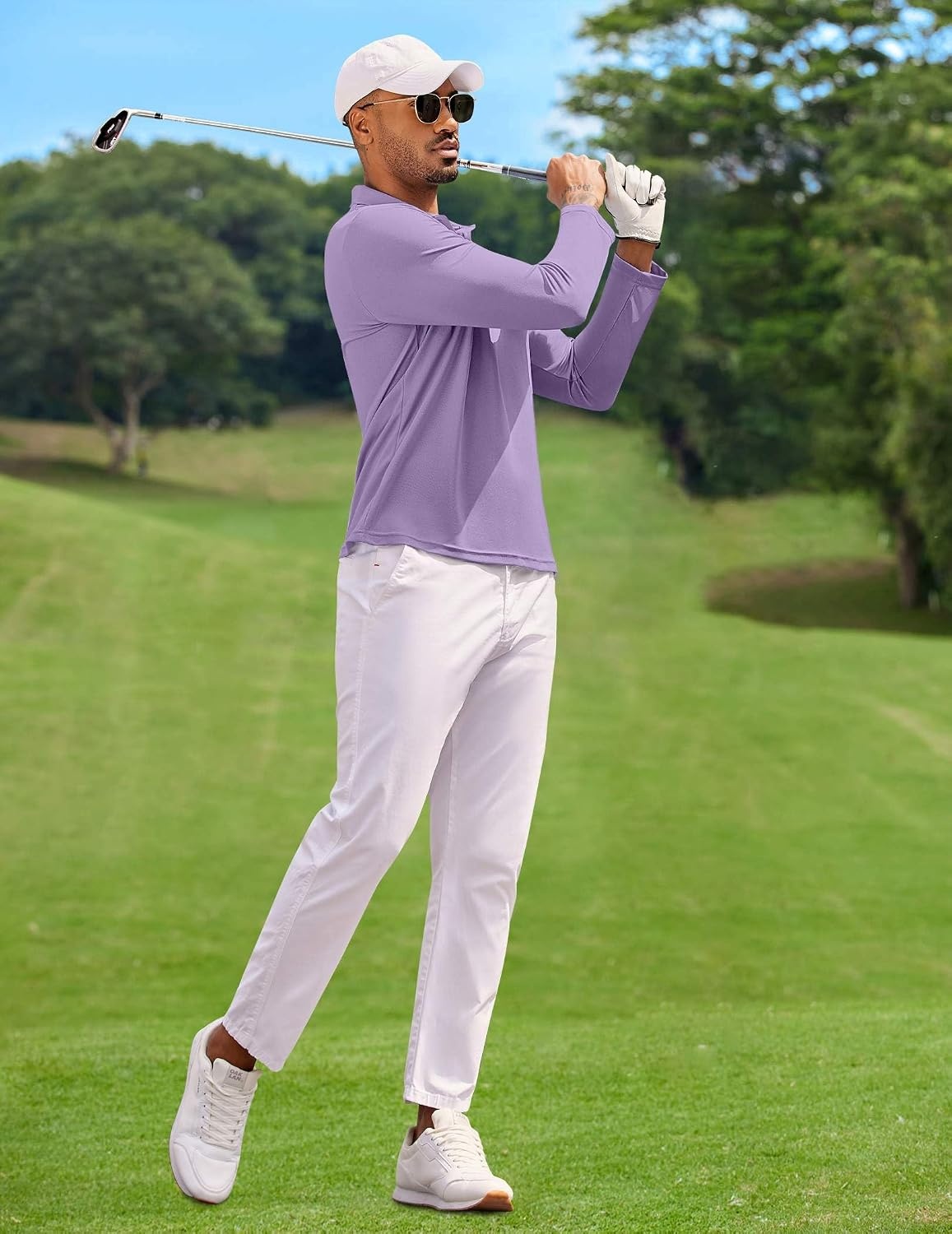 image:imageCOOFANDY Mens Polo Shirt Long Sleeve Moisture Wicking Golf Shirts Sun Protection Collared Work ShirtsLilac