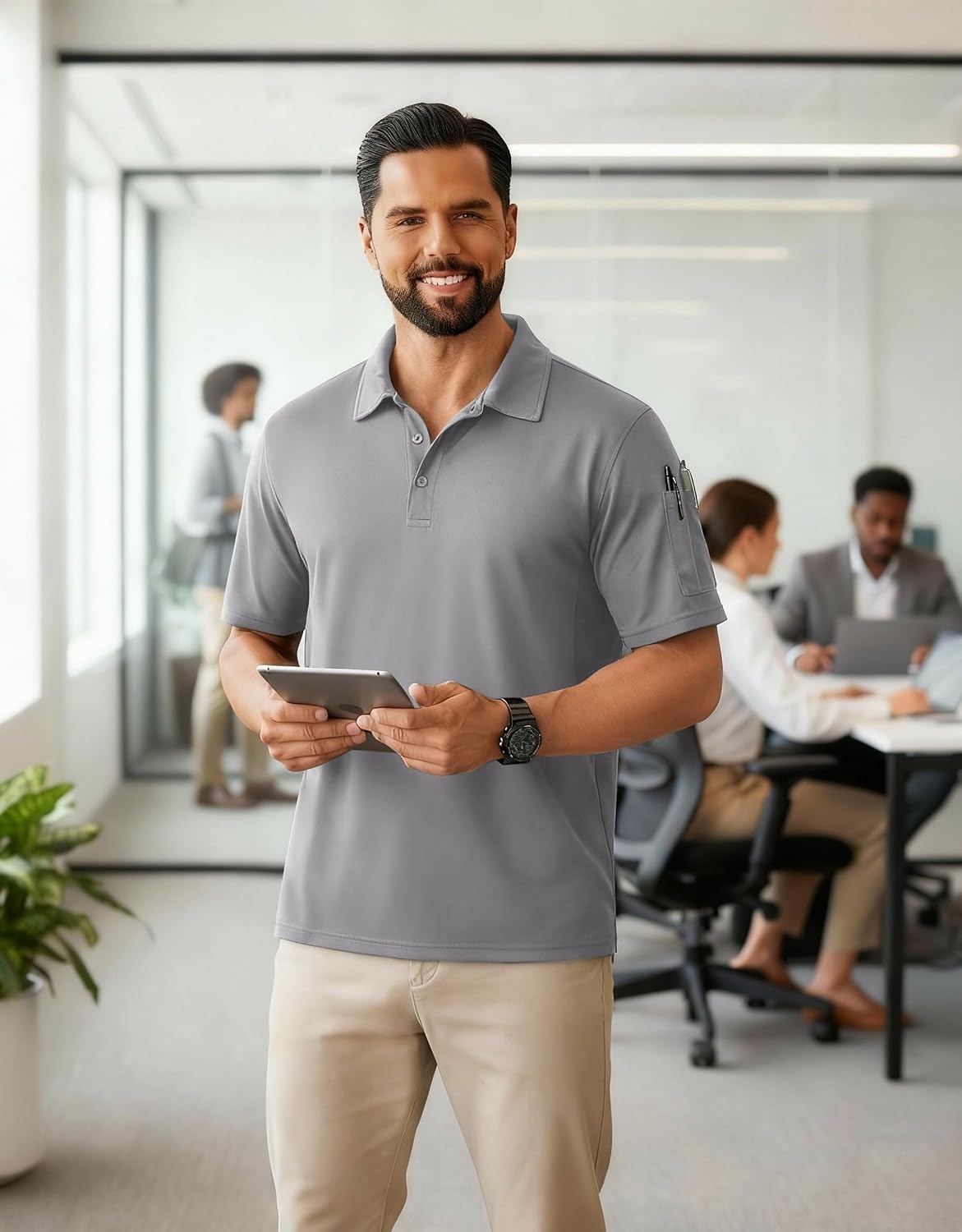 image:imageCOOFANDY Mens Polo Shirts Performance Short Sleeve Pique Golf Shirts Casual Activewear Polo Breathable Tactical Work Shirt Light Grey