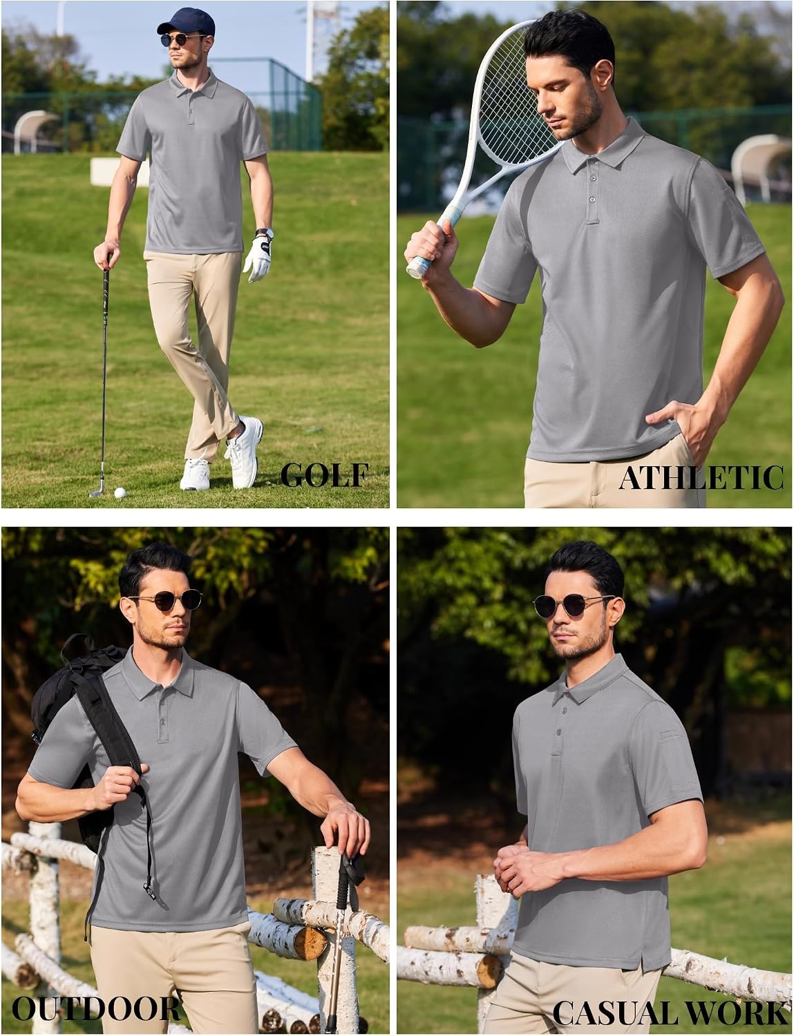 image:imageCOOFANDY Mens Polo Shirts Performance Short Sleeve Pique Golf Shirts Casual Activewear Polo Breathable Tactical Work Shirt Light Grey