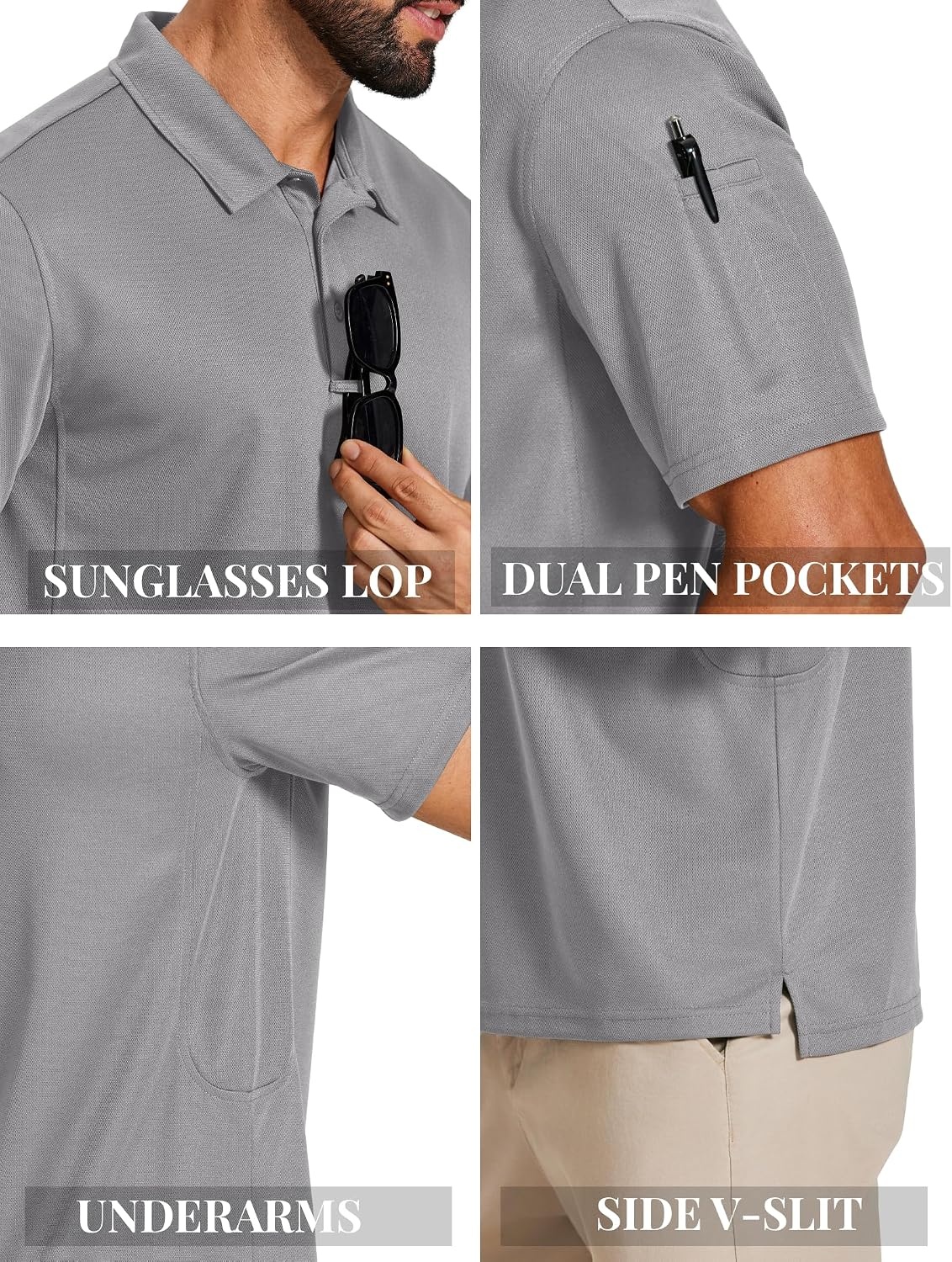 image:imageCOOFANDY Mens Polo Shirts Performance Short Sleeve Pique Golf Shirts Casual Activewear Polo Breathable Tactical Work Shirt Light Grey