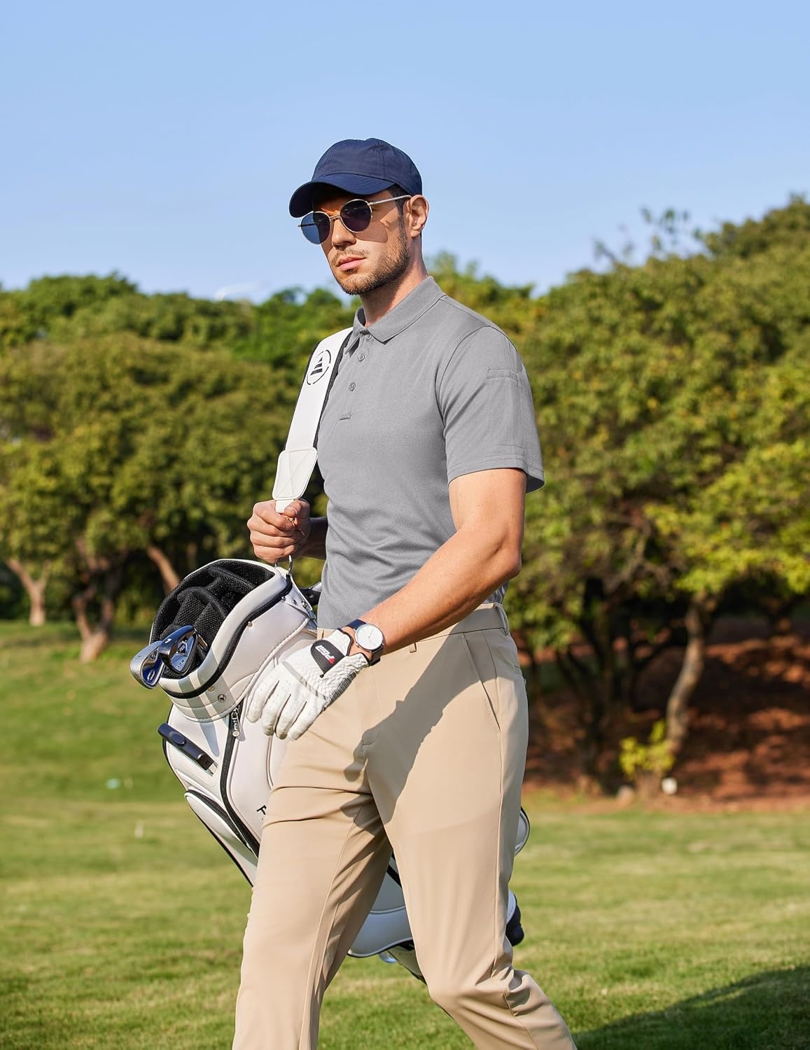 image:imageCOOFANDY Mens Polo Shirts Performance Short Sleeve Pique Golf Shirts Casual Activewear Polo Breathable Tactical Work Shirt Light Grey