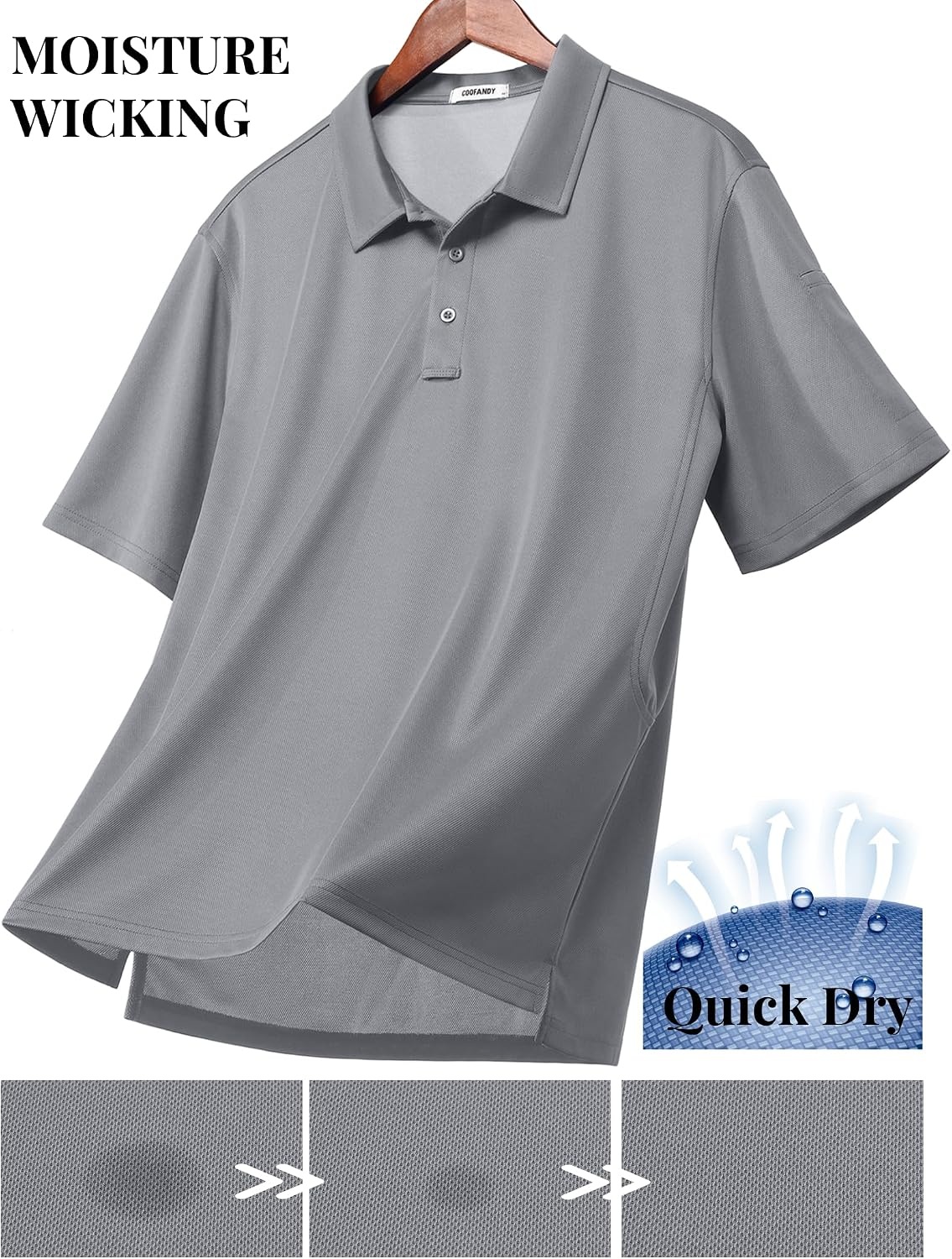 image:imageCOOFANDY Mens Polo Shirts Performance Short Sleeve Pique Golf Shirts Casual Activewear Polo Breathable Tactical Work Shirt Light Grey