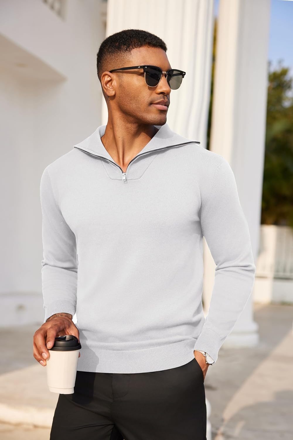 image:imageCOOFANDY Mens Quarter Zip Pullover Quilted Pullover Casual Knit Long Sleeve Mock Neck Sweater PoloWhite