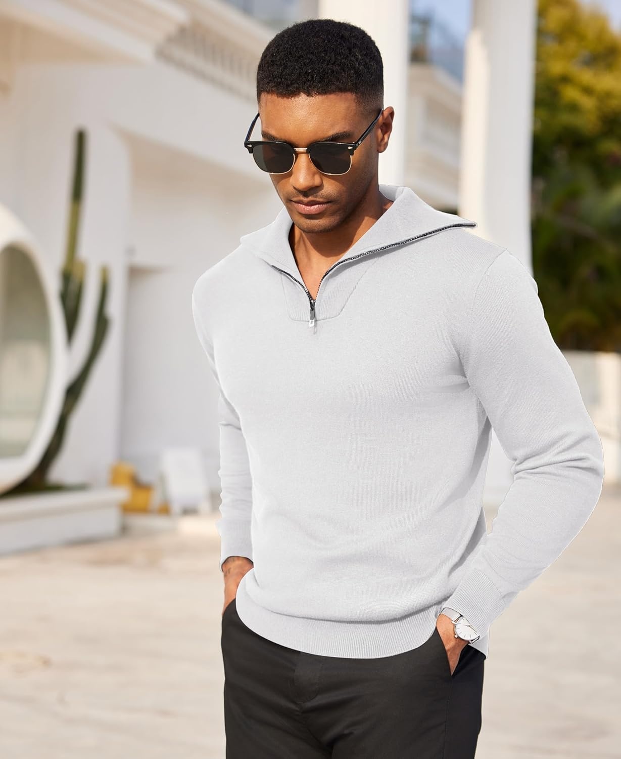 image:imageCOOFANDY Mens Quarter Zip Pullover Quilted Pullover Casual Knit Long Sleeve Mock Neck Sweater PoloWhite