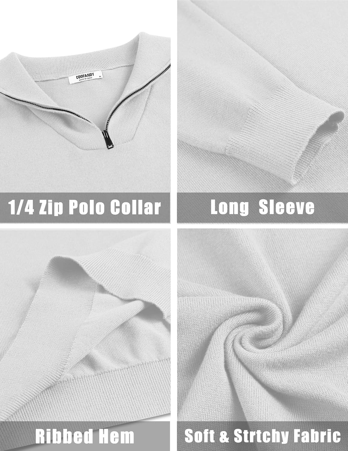 image:imageCOOFANDY Mens Quarter Zip Pullover Quilted Pullover Casual Knit Long Sleeve Mock Neck Sweater PoloWhite