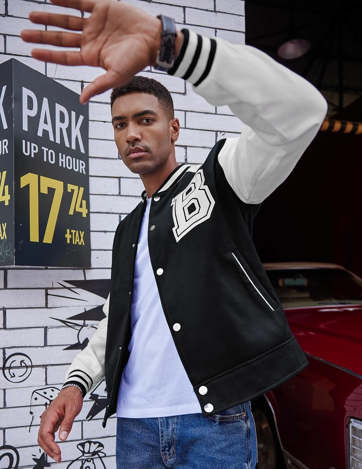 image:imageCOOFANDY Mens Varsity Jacket Wool Blend Letterman Bomber Jacket Baseball Lightweight JacketAblack
