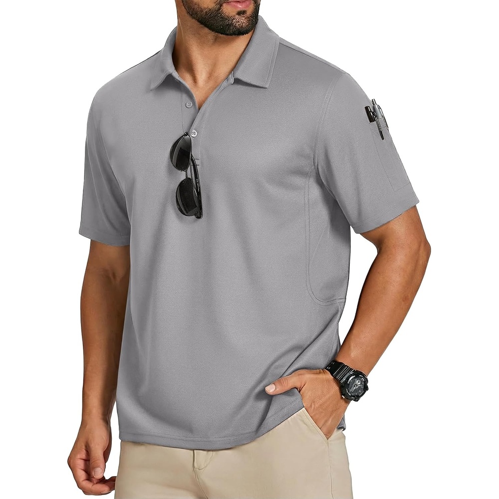 image:imageCOOFANDY Mens Polo Shirts Performance Short Sleeve Pique Golf Shirts Casual Activewear Polo Breathable Tactical Work Shirt Light Grey