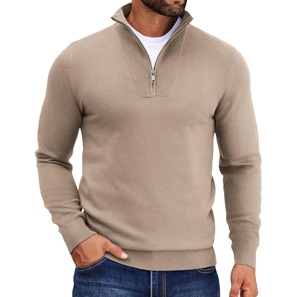 image:imageCOOFANDY Mens Quarter Zip Pullover Quilted Pullover Casual Knit Long Sleeve Mock Neck Sweater PoloKhaki