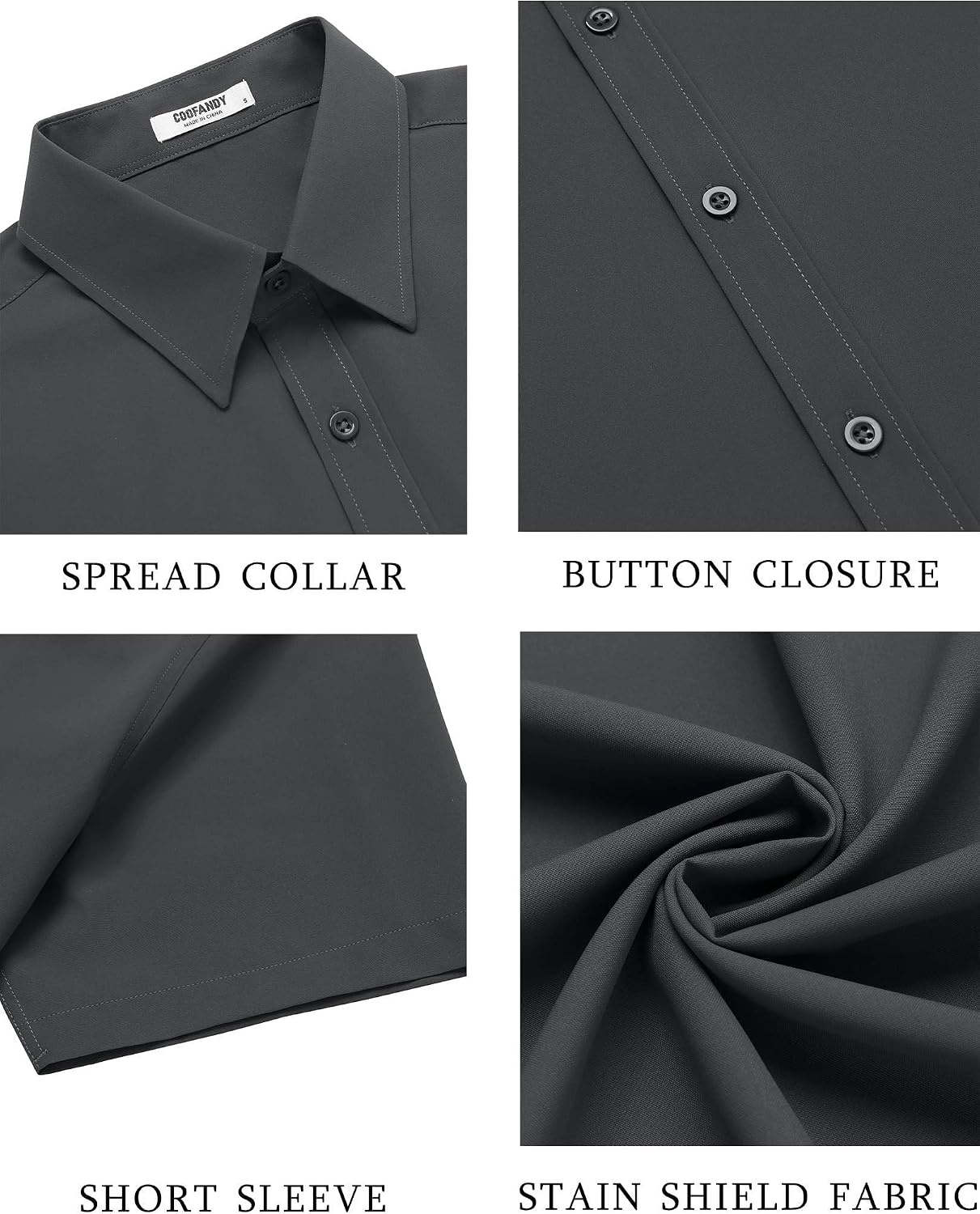 image:imageCOOFANDY Mens Casual Shirt Short Sleeve Button Down Shirts Stain Proof Summer Shirts Dark Grey