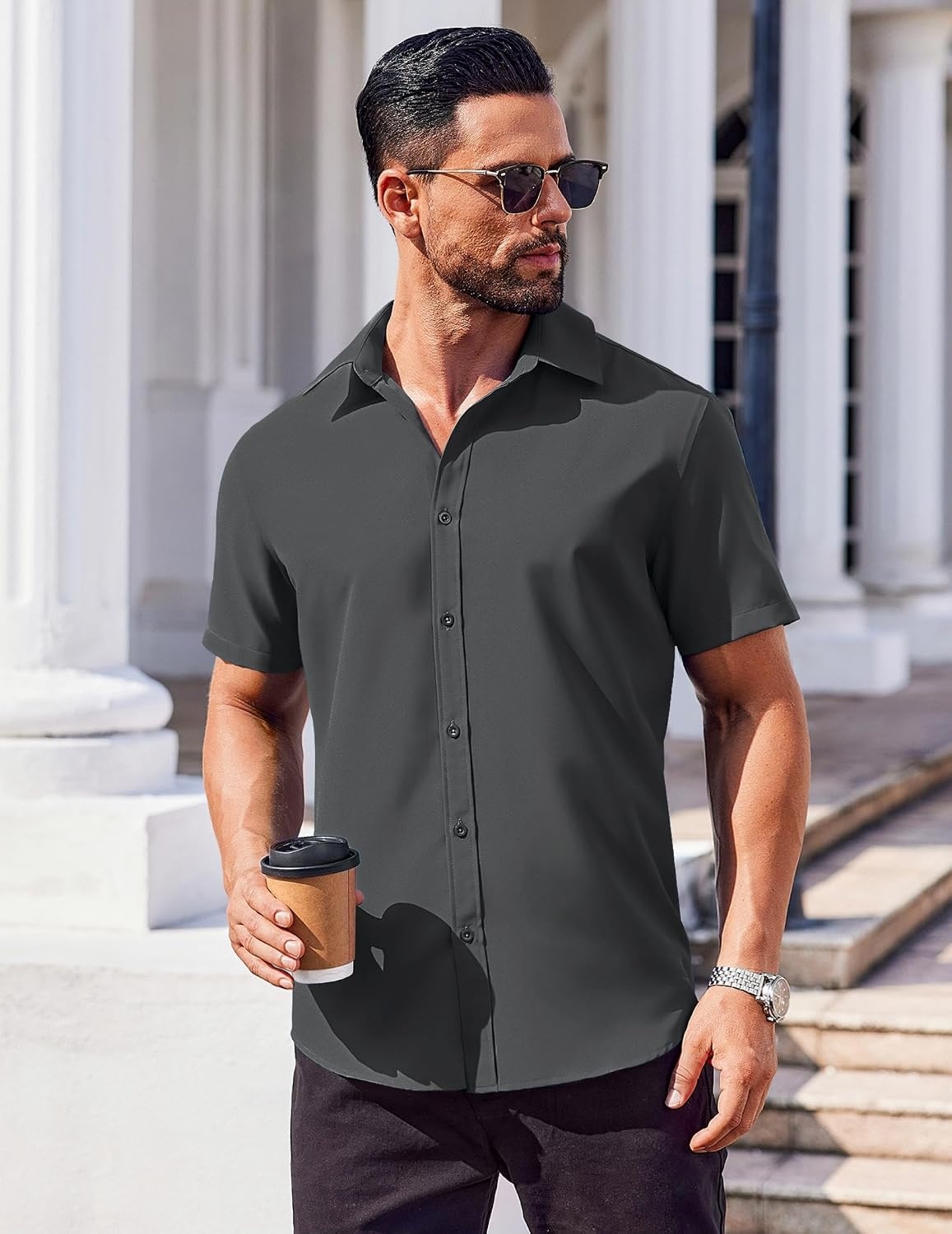 image:imageCOOFANDY Mens Casual Shirt Short Sleeve Button Down Shirts Stain Proof Summer Shirts Dark Grey