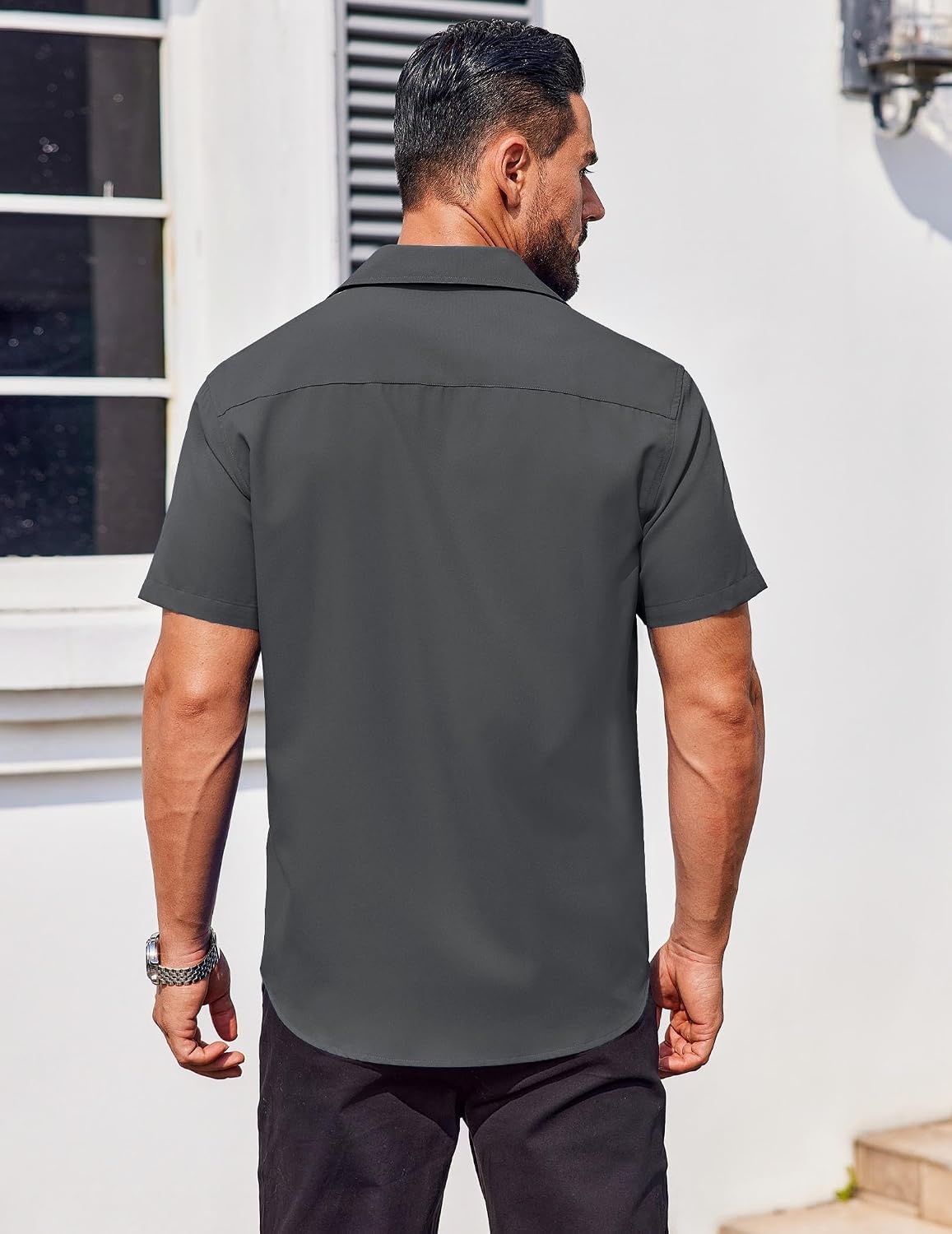 image:imageCOOFANDY Mens Casual Shirt Short Sleeve Button Down Shirts Stain Proof Summer Shirts Dark Grey