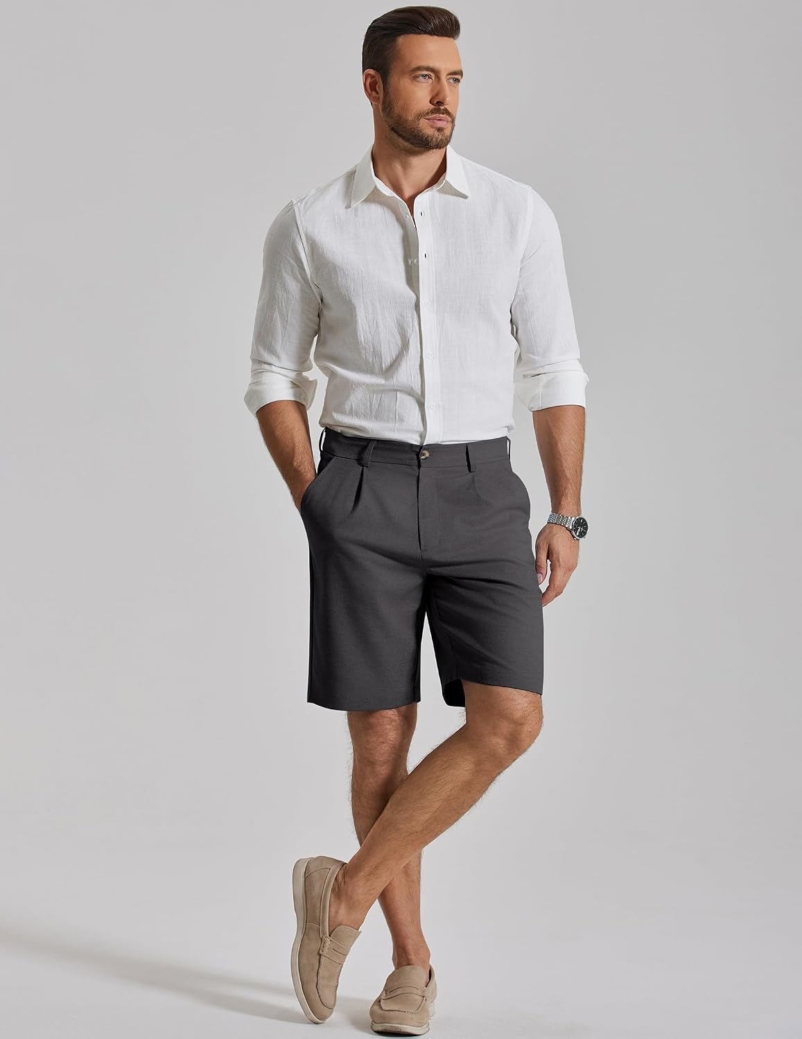 image:imageCOOFANDY Mens Casual Shorts Pleated Front 9 Linen Textured Dress ShortsDark Grey