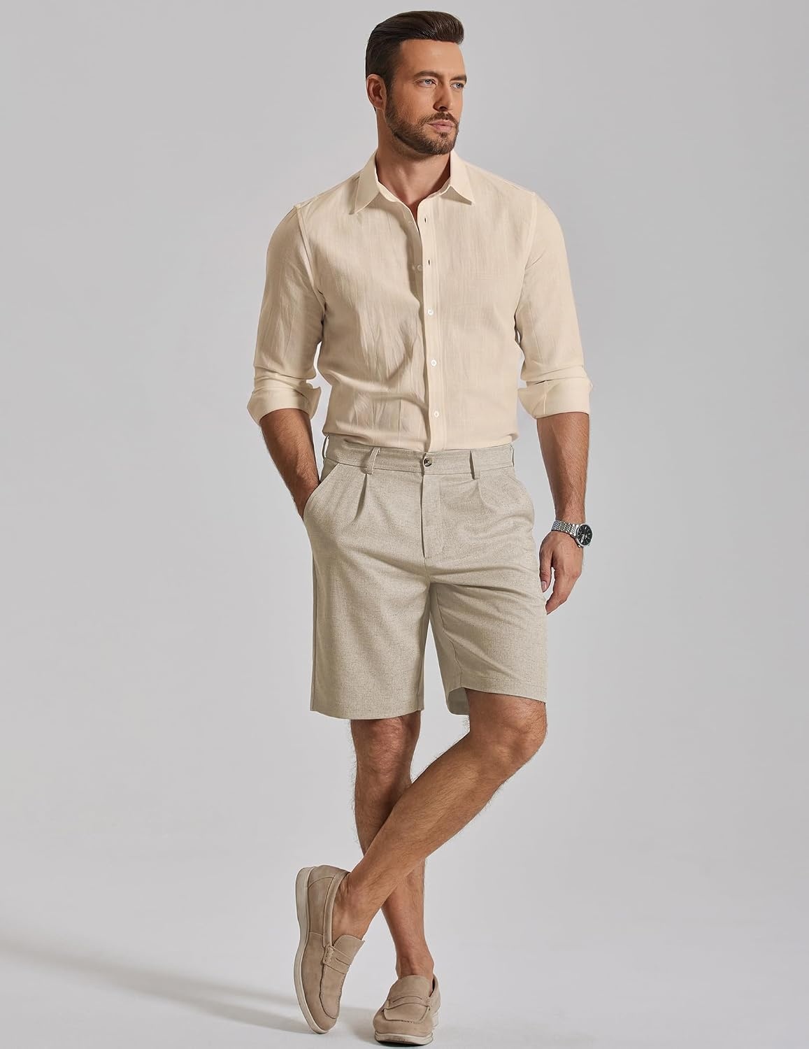 image:imageCOOFANDY Mens Casual Shorts Pleated Front 9 Linen Textured Dress ShortsLight Khaki