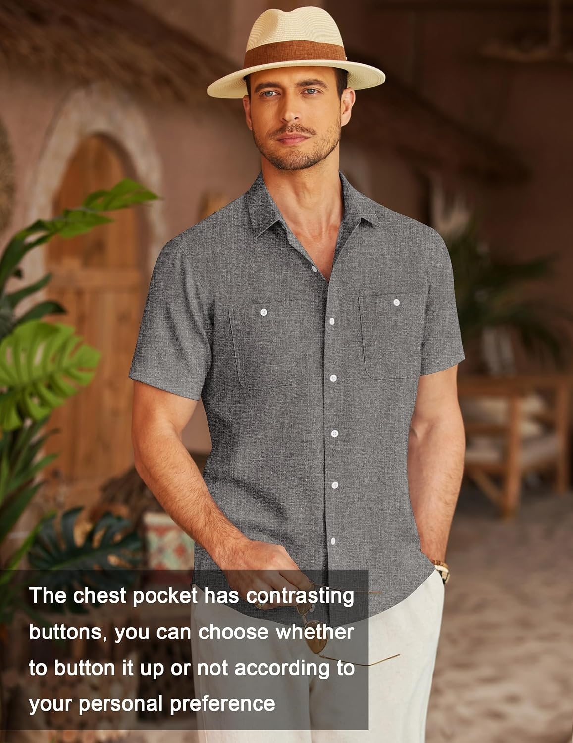 image:imageCOOFANDY Mens Linen Shirt Beach Summer Short Sleeve Button Down Casual Shirts