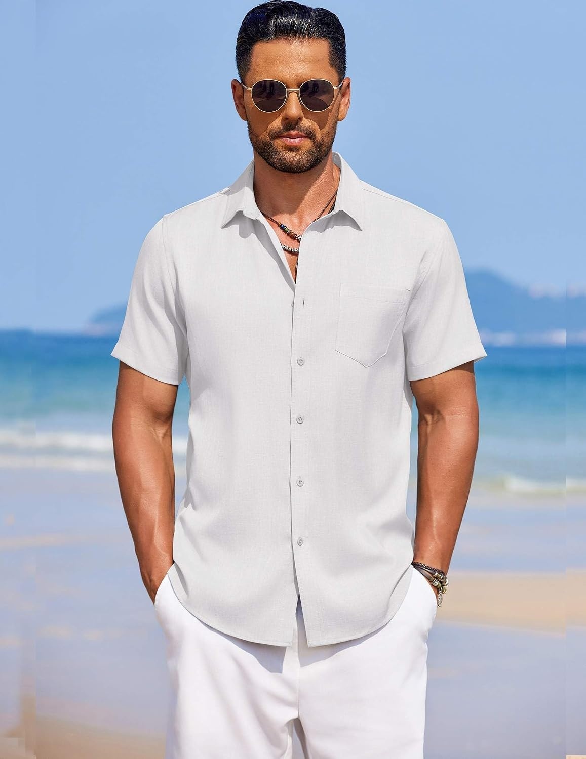 image:imageCOOFANDY Mens Linen Shirt Summer Beach Vacation Shirts Casual Button Down Short Sleeve Top Resort Wear for Men White