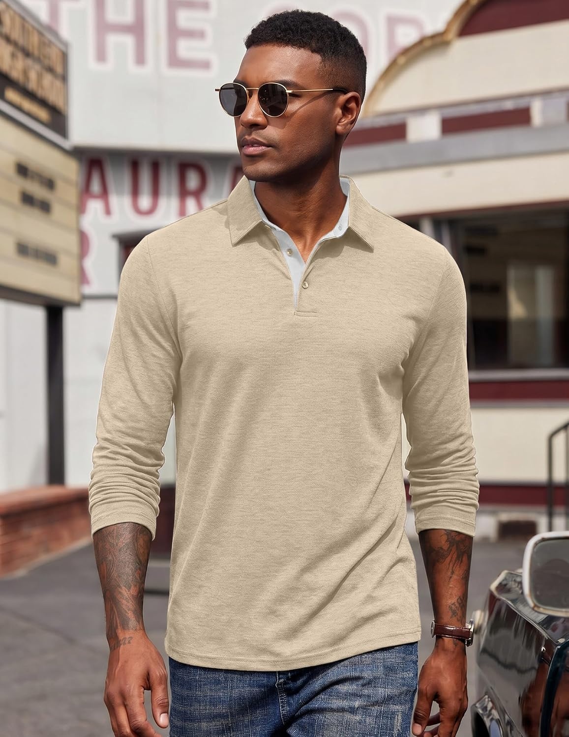 image:imageCOOFANDY Mens Long Sleeve Polo Shirts Button Casual Tee Collared Work Pullover ShirtsPale Moon Gray
