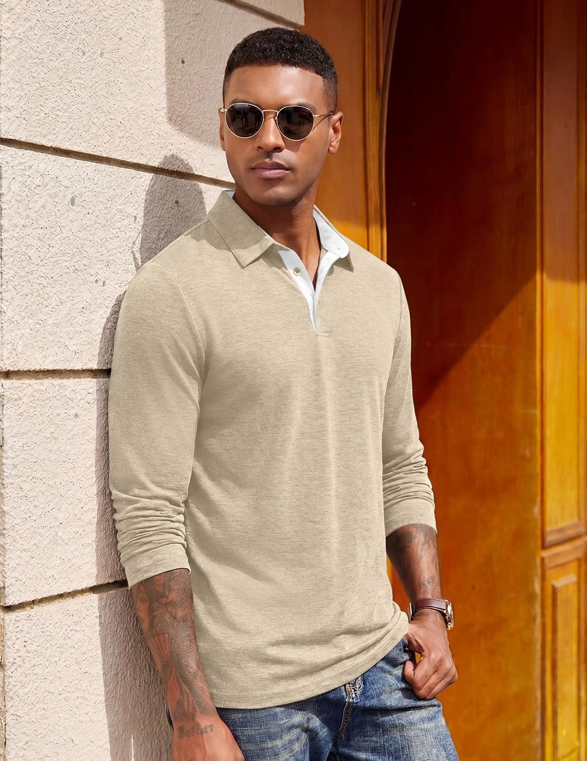 image:imageCOOFANDY Mens Long Sleeve Polo Shirts Button Casual Tee Collared Work Pullover ShirtsPale Moon Gray