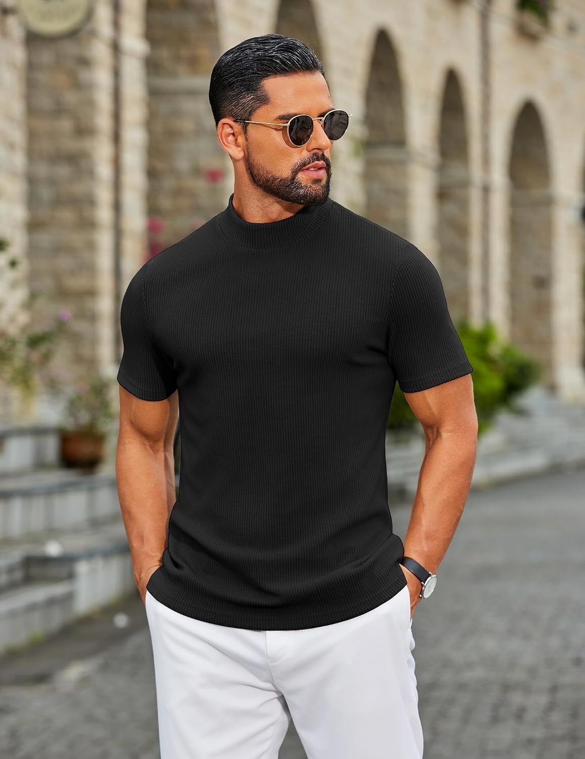 image:imageCOOFANDY Mens Mock Neck TShirts Short Sleeve Ribbed Knit Shirt Soft Tee Shirt Casual Basic TopsAblack