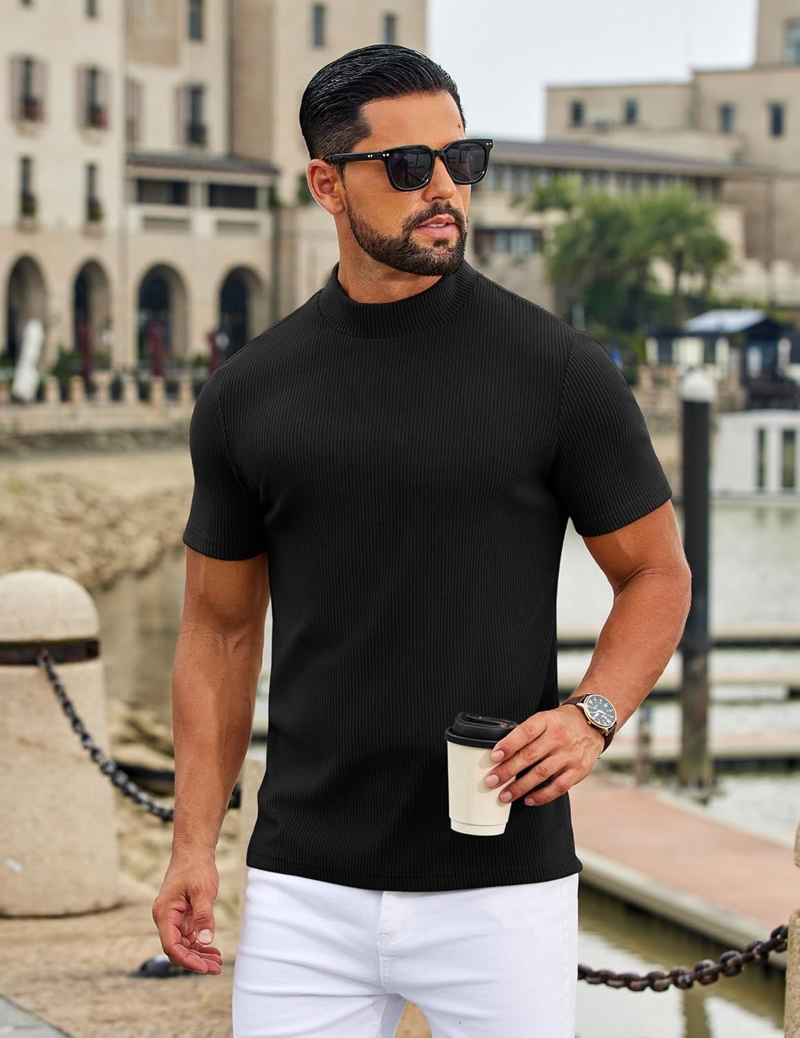 image:imageCOOFANDY Mens Mock Neck TShirts Short Sleeve Ribbed Knit Shirt Soft Tee Shirt Casual Basic TopsAblack