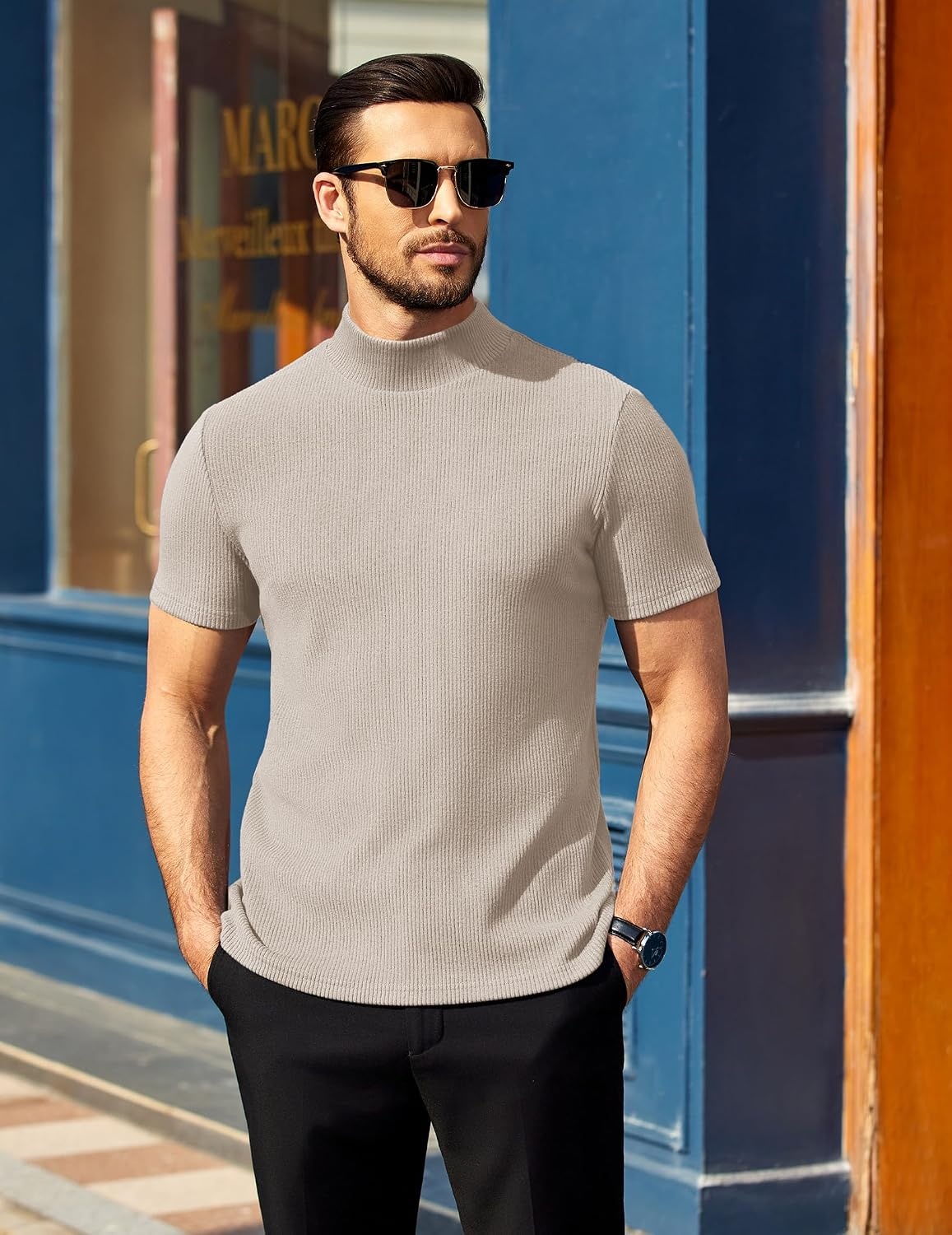 image:imageCOOFANDY Mens Mock Neck TShirts Short Sleeve Ribbed Knit Shirt Soft Tee Shirt Casual Basic TopsCream