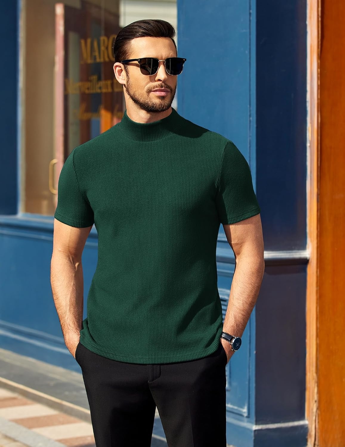 image:imageCOOFANDY Mens Mock Neck TShirts Short Sleeve Ribbed Knit Shirt Soft Tee Shirt Casual Basic TopsGreen