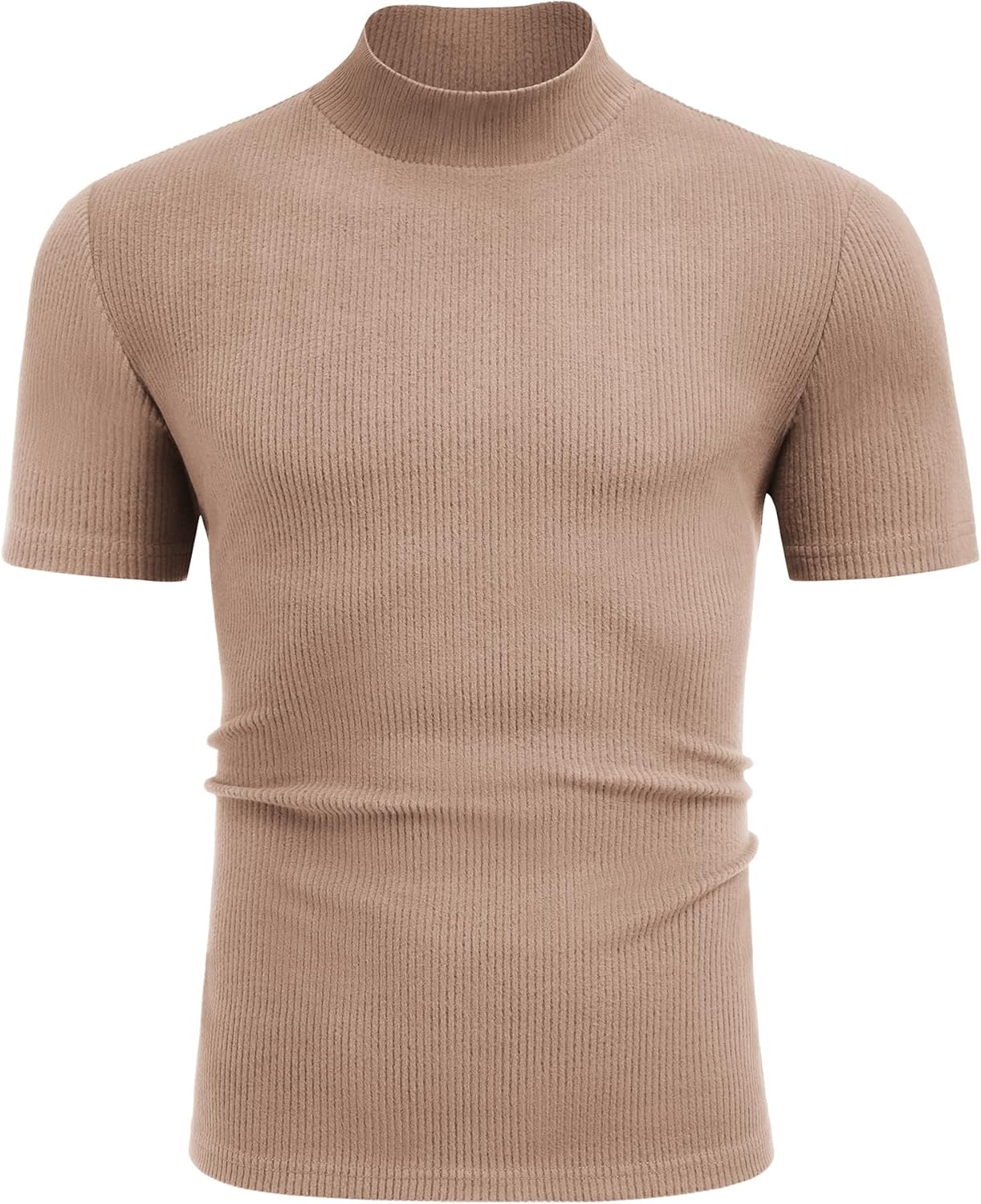 image:imageCOOFANDY Mens Mock Neck TShirts Short Sleeve Ribbed Knit Shirt Soft Tee Shirt Casual Basic TopsLight Khaki