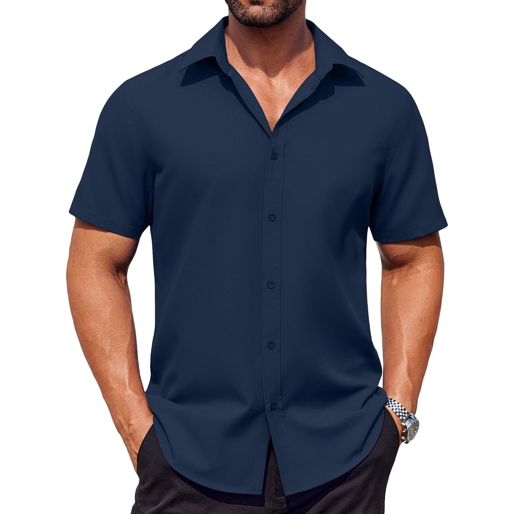 image:imageCOOFANDY Mens Button Up Shirt Untucked Dress Shirts Short Sleeve Casual Summer Shirts Navy Blue
