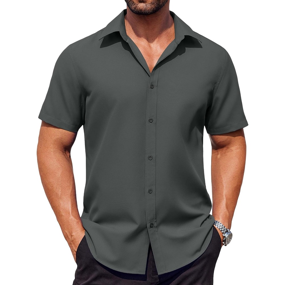 image:imageCOOFANDY Mens Casual Shirt Short Sleeve Button Down Shirts Stain Proof Summer Shirts Dark Grey