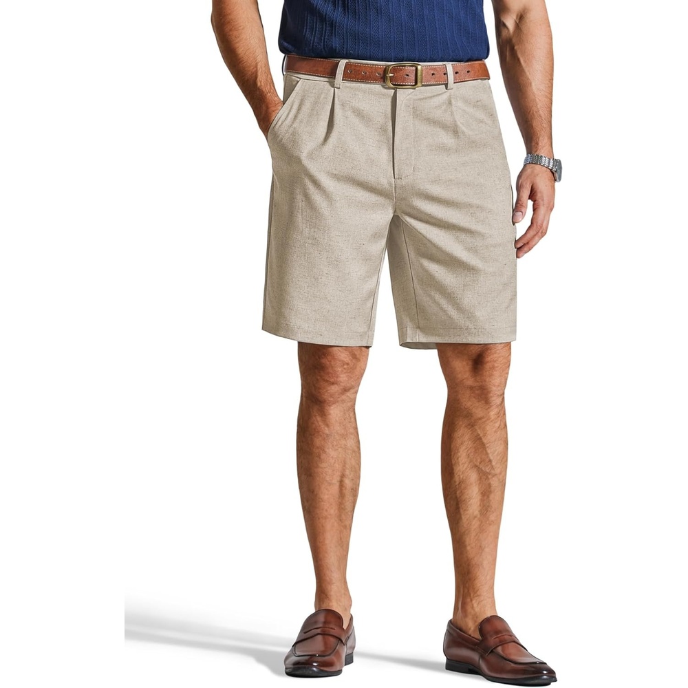 image:imageCOOFANDY Mens Casual Shorts Pleated Front 9 Linen Textured Dress ShortsLight Khaki